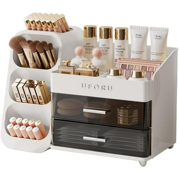 Makeup Organizer with Drawers and Brush Holder Vanity Cosmetic Storage Case - Picture 1 of 7
